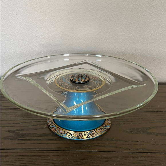 Other - Glass Pedestal Cake Stand with Blue and Gold Base